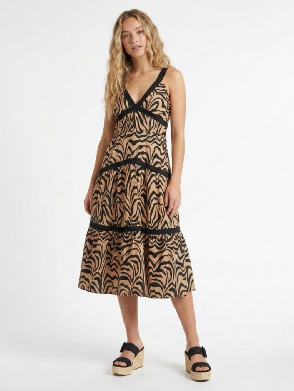 Lost + Wander Animal Print Midi Dress Small Zebra Tiered Revolve Resort NWT